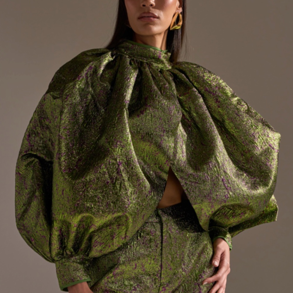Akira "LAYLA BROCADE PUFF SLEEVE MOCK NECK TOP"